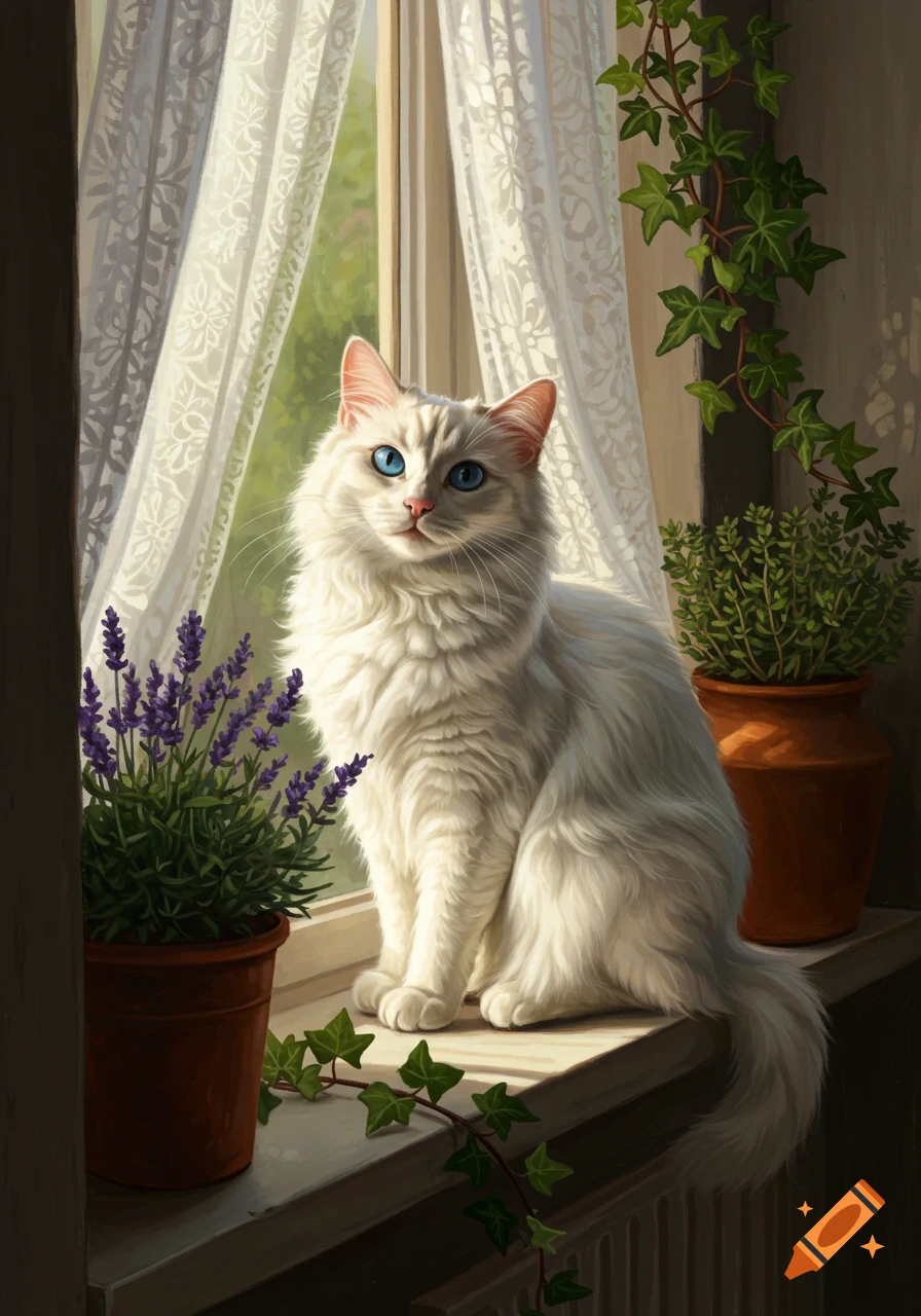 Fluffy white cat with striking blue eyes sits on a sunny windowsill, surrounded by potted lavender and ivy.