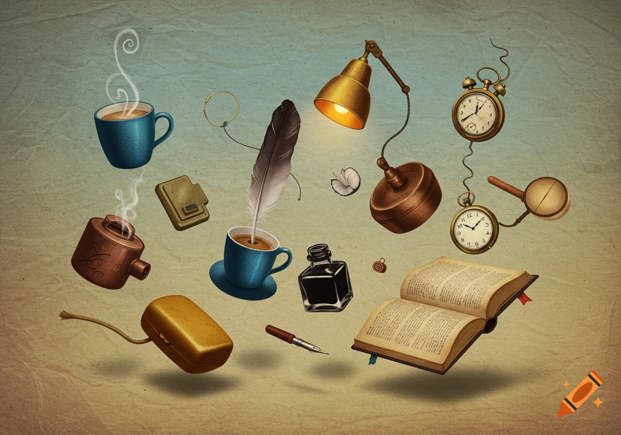 Vintage collage of floating everyday objects: steaming coffee cups, quill, ink, open book, desk lamp, and clocks on a textured background.