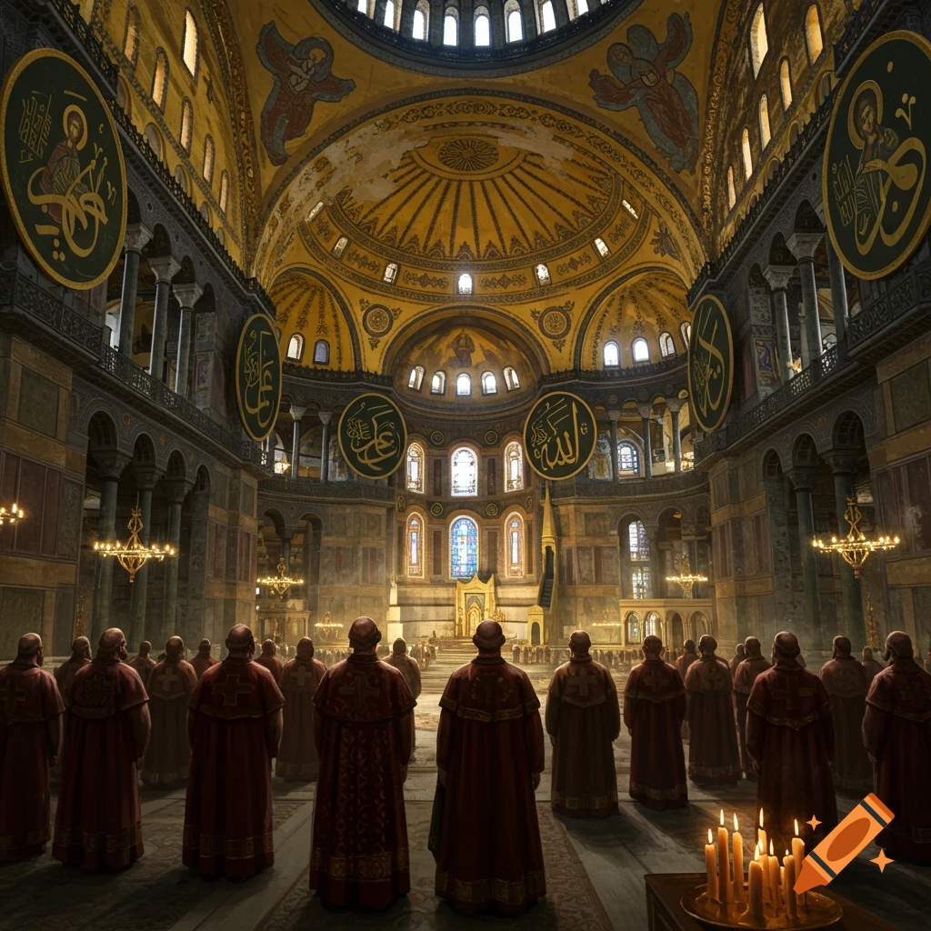Kievan Rus ambassadors attend a divine liturgy in the grand Hagia Sophia, featuring golden domes and calligraphy.