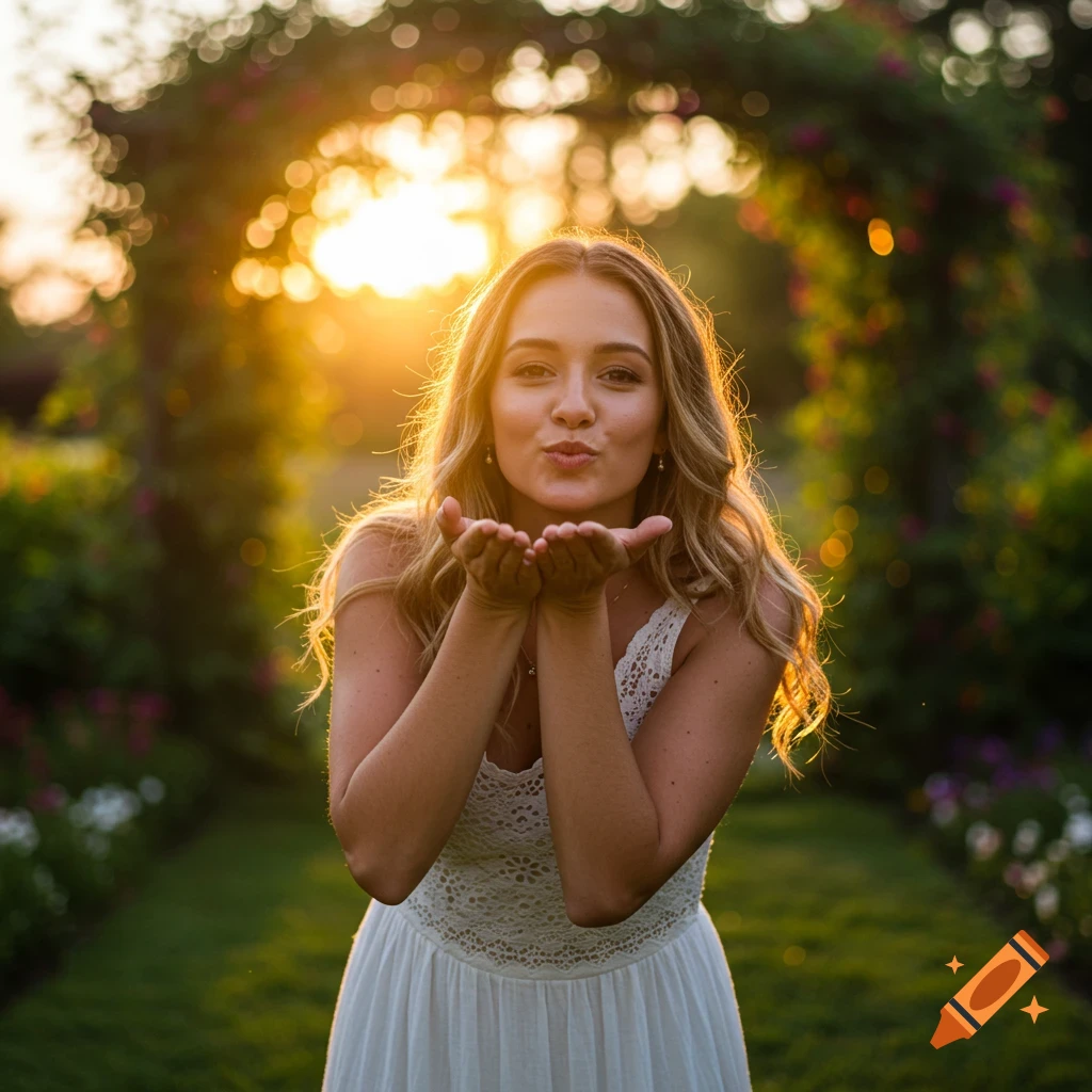 Young woman in white dress blowing a kiss in a sunlit garden, photorealistic style.