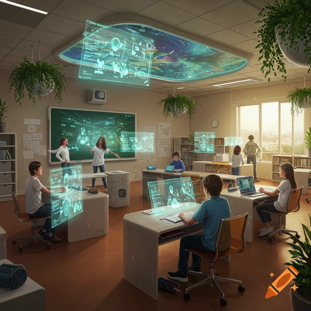 A futuristic classroom with students and teachers interacting with glowing holographic screens and digital displays, featuring a large ceiling display and plants.