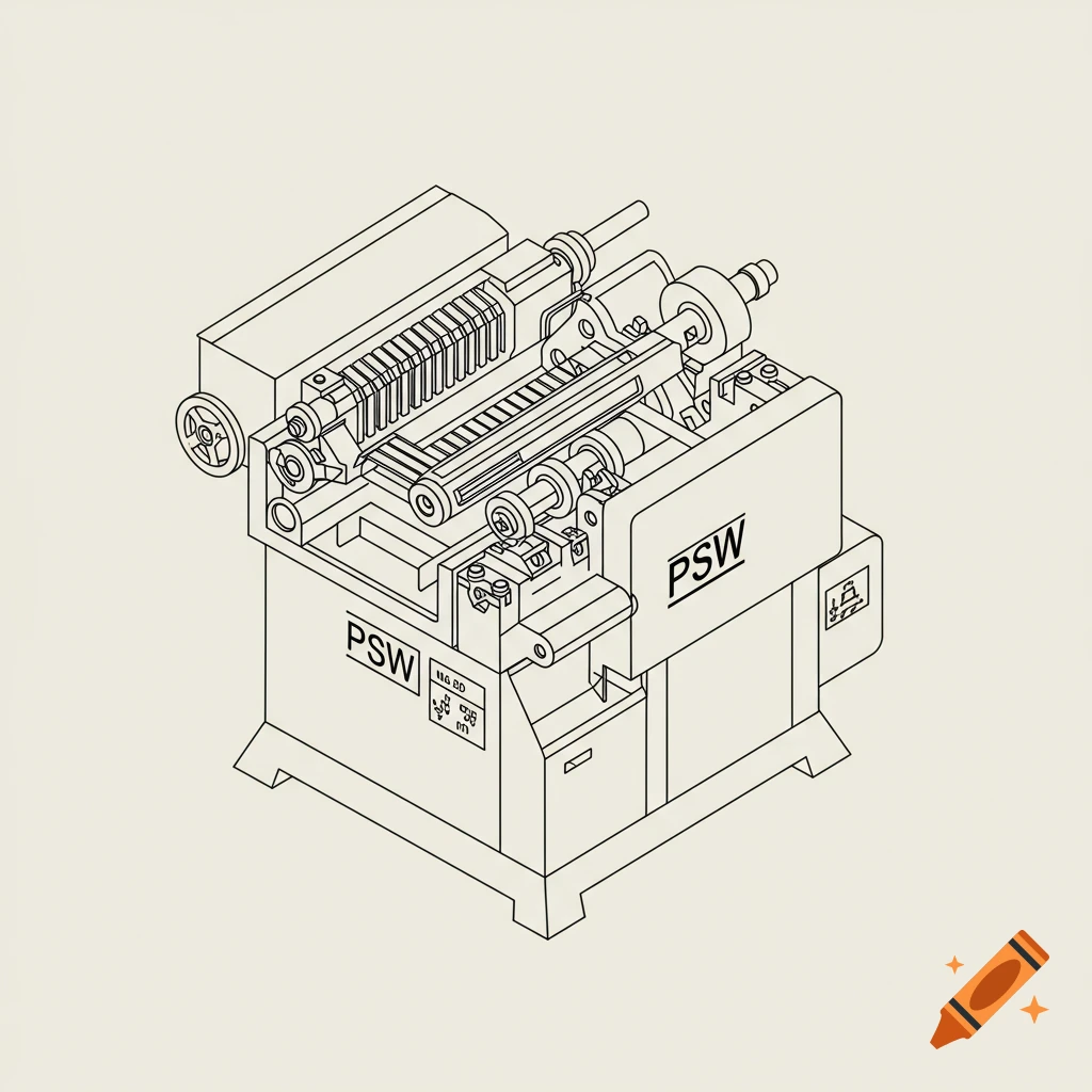 Isometric line art pictogram of an industrial copper pipe drawing machine with 'PSW' label.