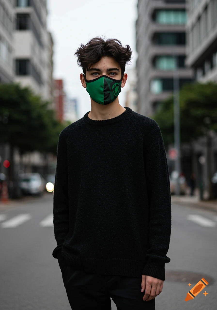 A young man with dark wavy hair and a black and green face mask stands in the middle of a city street, wearing a black sweater and pants.