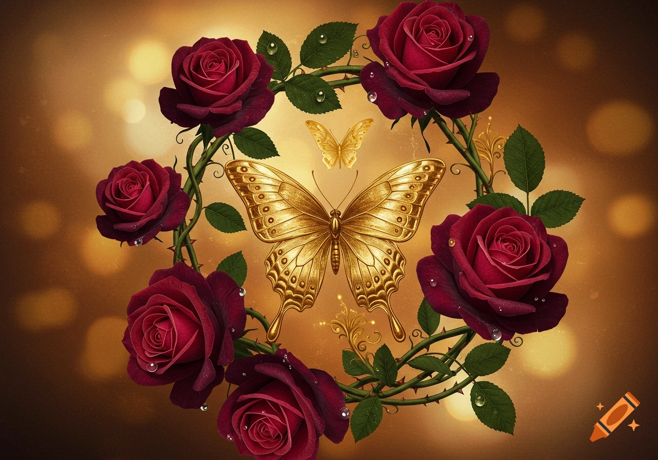 A large golden butterfly centered in a wreath of deep red roses and green vines with dewdrops, against a warm bokeh background.