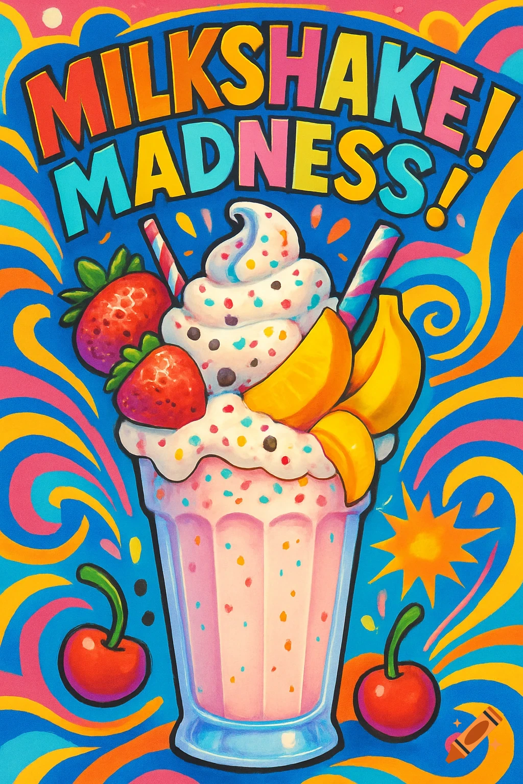 A vibrant, cartoon-style poster reads 'MILKSHAKE MADNESS!', featuring a milkshake with whipped cream, sprinkles, strawberries, and bananas.