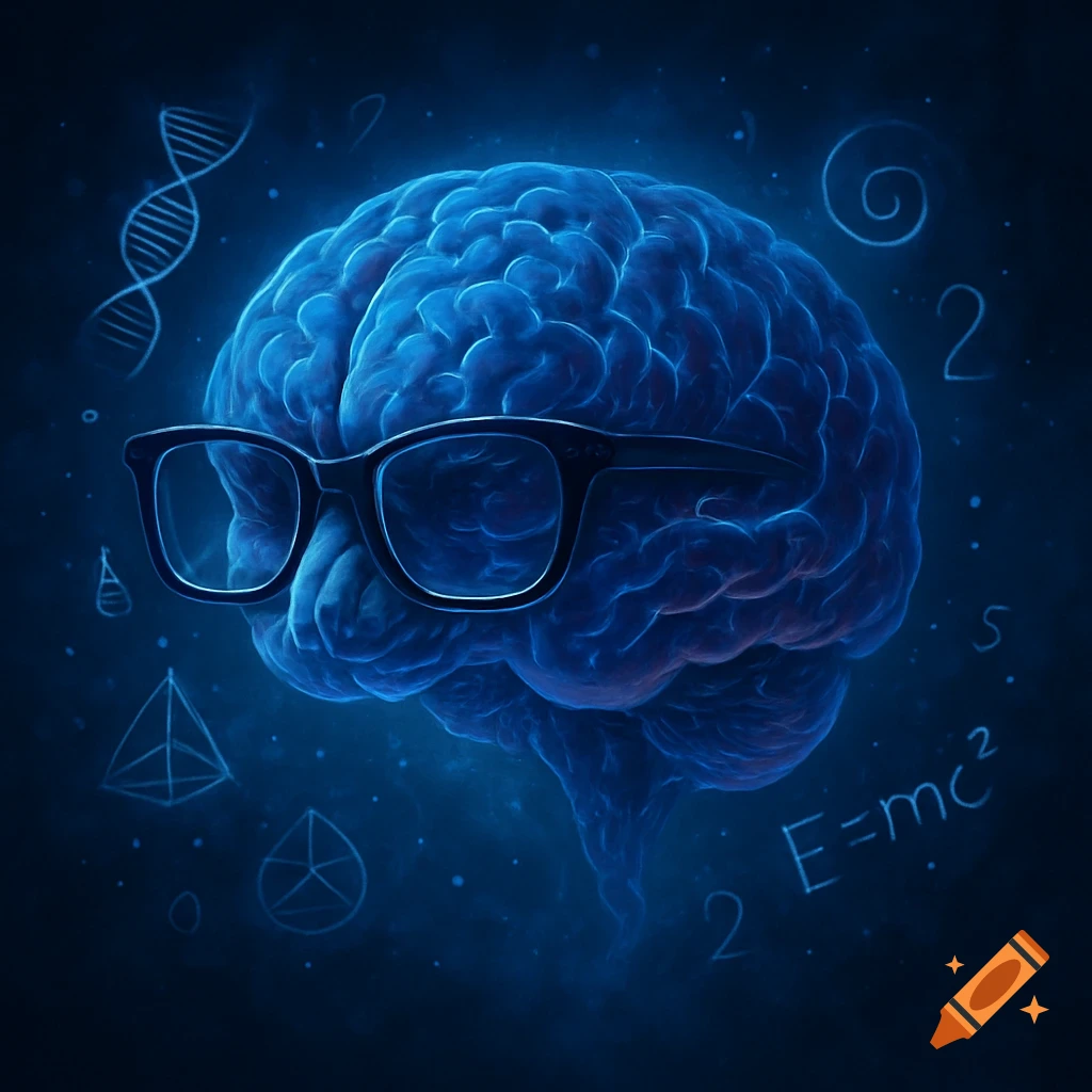 A glowing blue brain with black glasses is surrounded by scientific symbols like DNA, geometric shapes, numbers, and E=mc² on a dark blue background.