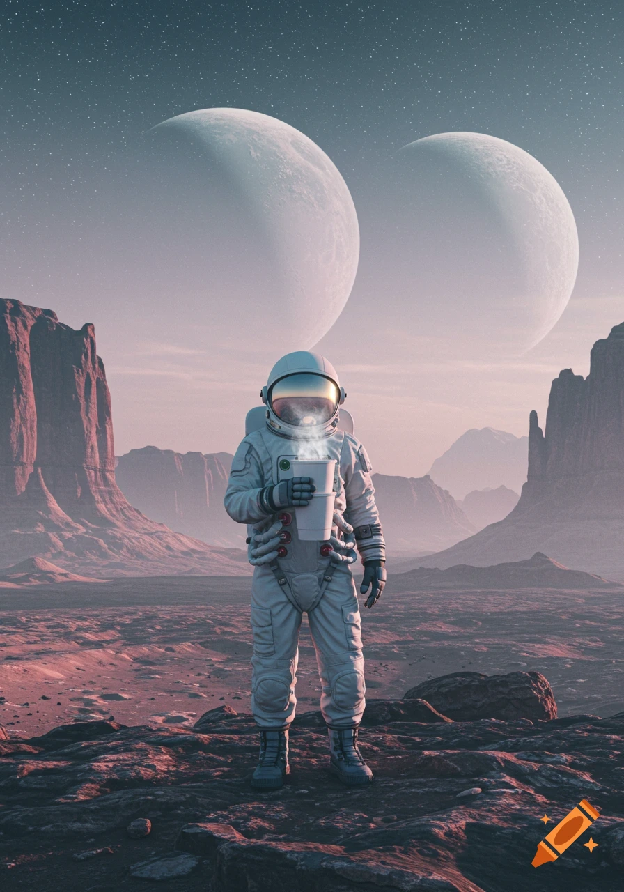 An astronaut in a white suit stands on a rocky alien planet, holding a steaming cup, with two large moons in the sky.