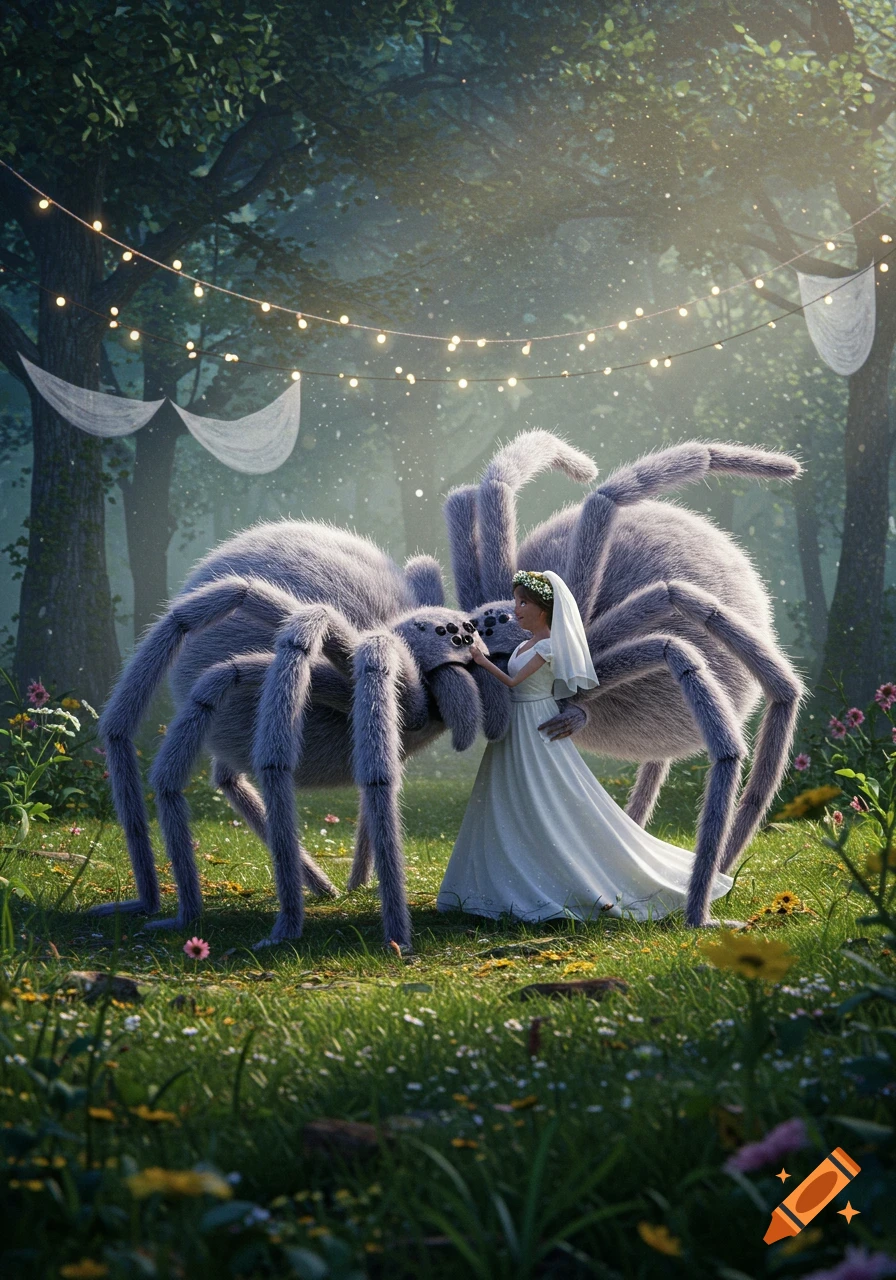 A woman in a wedding dress embraces a giant fluffy spider in a magical forest setting with string lights.