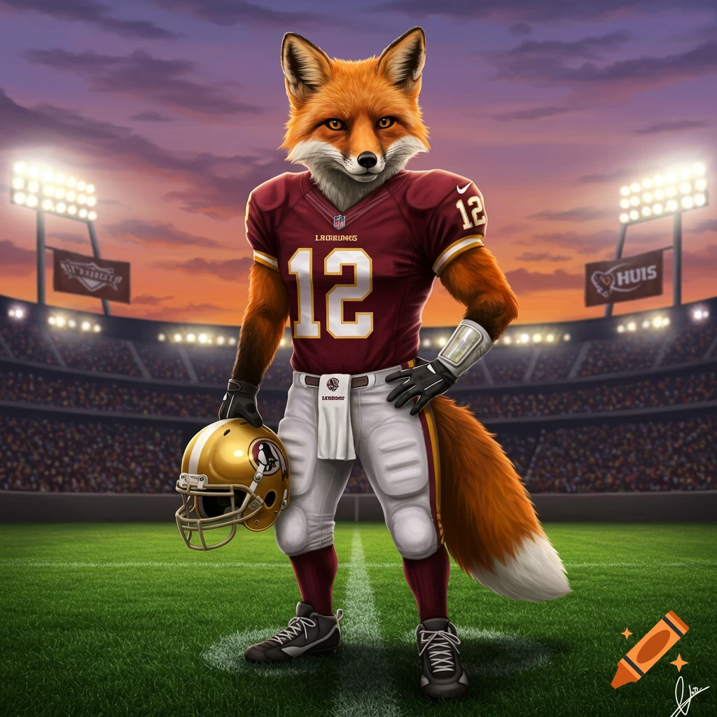A photorealistic anthropomorphic fox in a burgundy and gold football uniform stands on a green field in a stadium at sunset, holding a golden helmet.