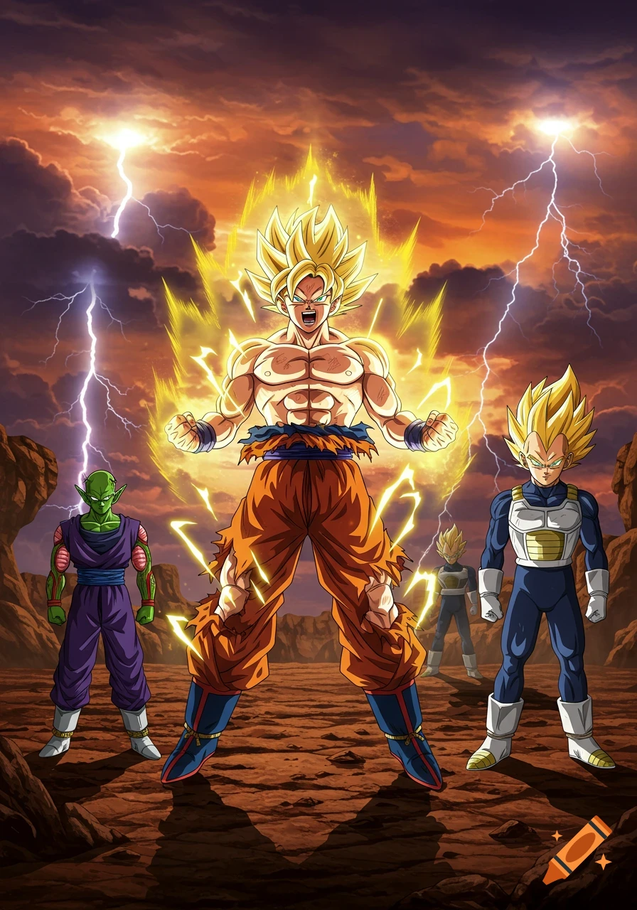 Anime characters Goku, Vegeta, and Piccolo stand on a rocky planet under a lightning storm, Goku glowing in Super Saiyan form.