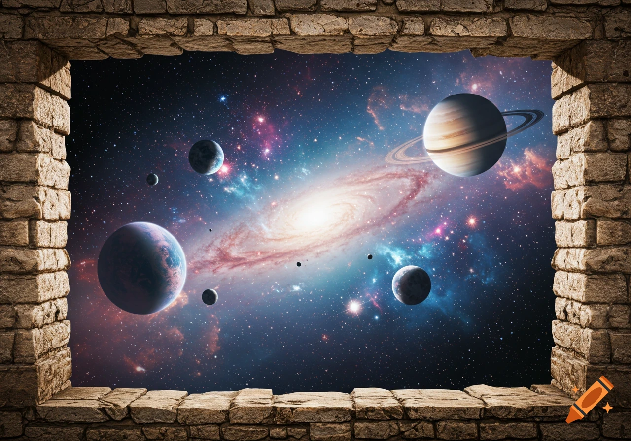 A vibrant galaxy with planets and stars visible through a rustic stone archway or window frame.