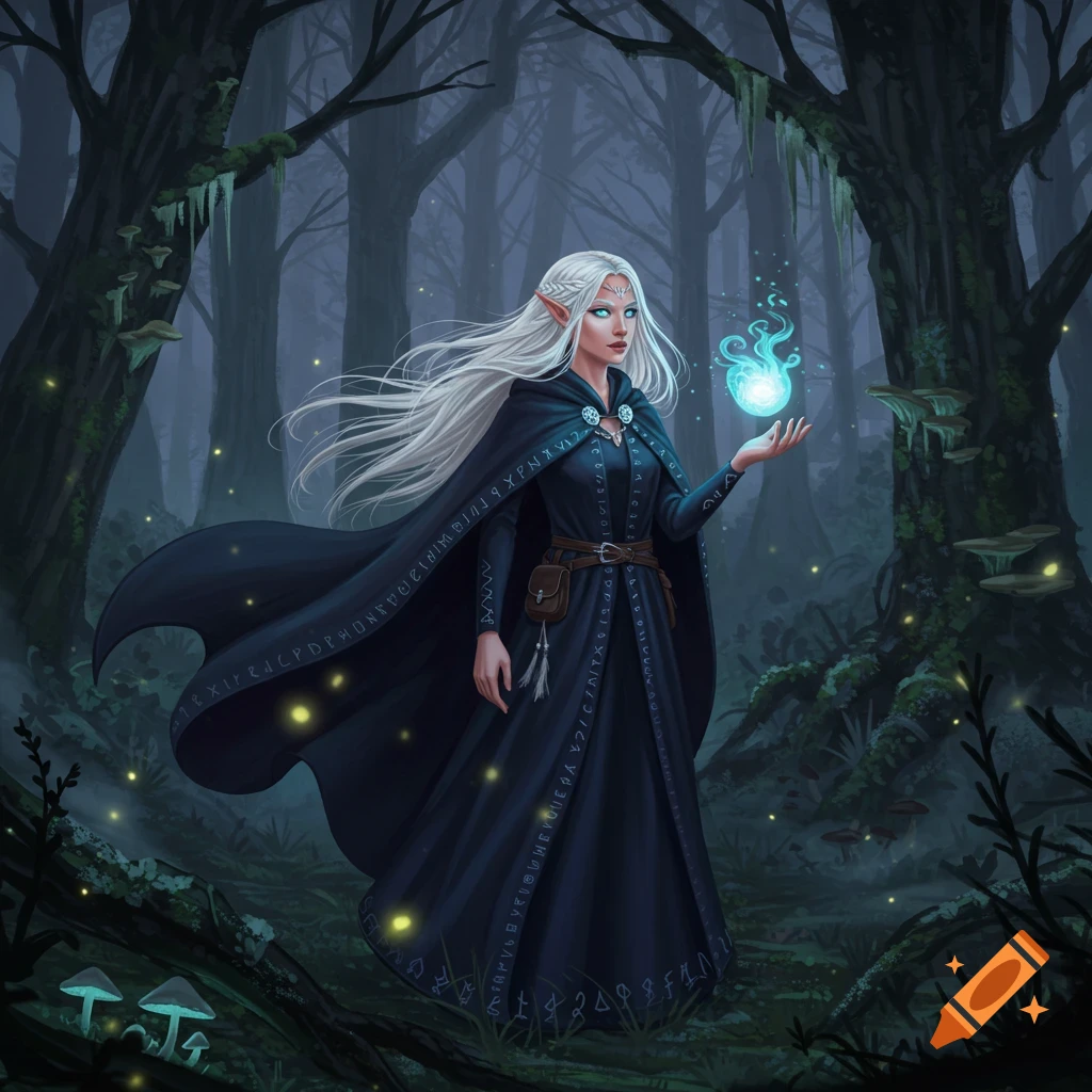 A white-haired elf-like witch in a dark forest holds a glowing blue orb of magic.