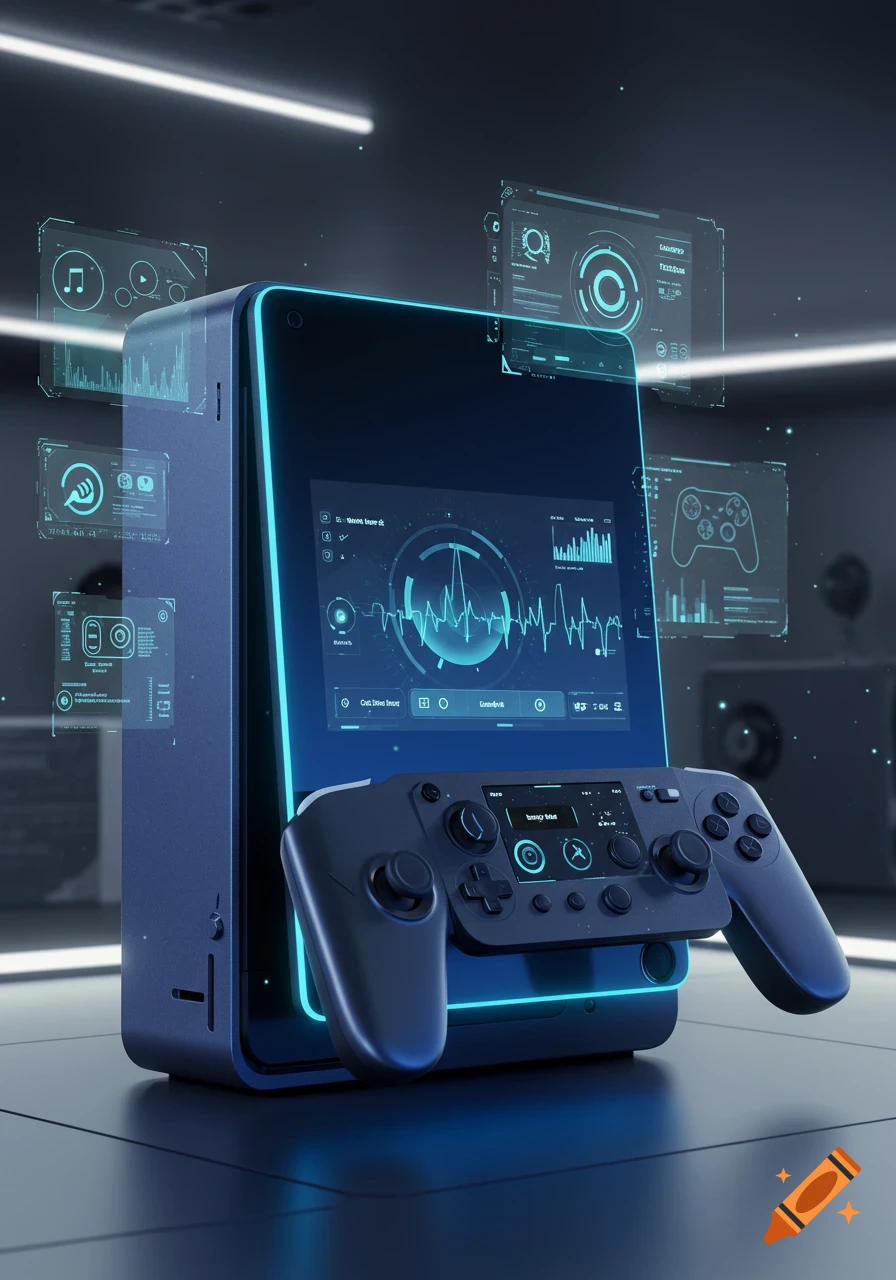 A futuristic gaming console with a sleek design, glowing blue accents, and holographic user interfaces, featuring a detachable game controller.
