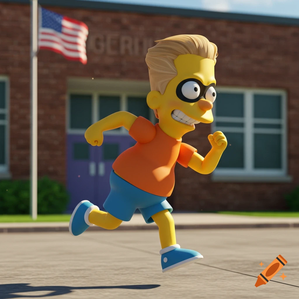 A 3D cartoon character, a blend of Bart Simpson and Dash, runs past a brick school building with an American flag.