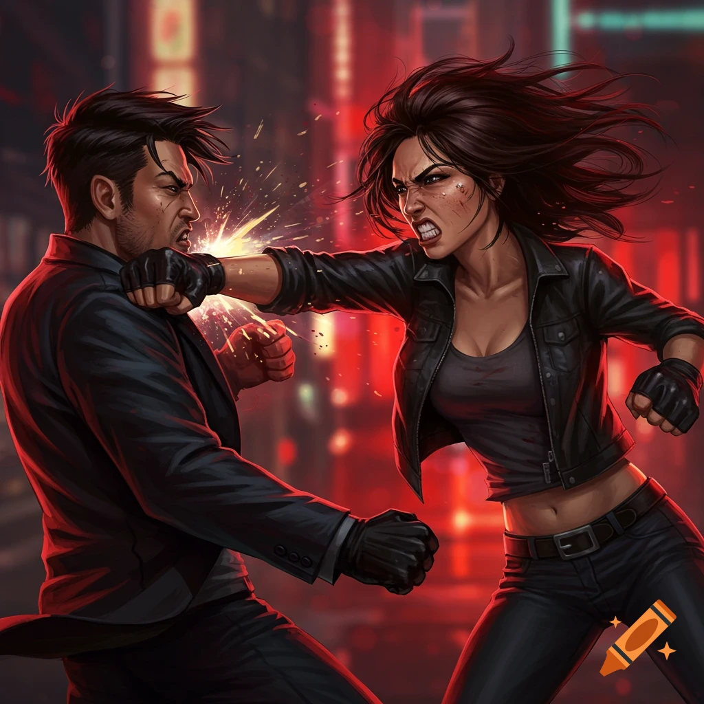 A fierce brunette woman punches a man in the face, with sparks flying in a neon-lit urban setting, in a dynamic digital illustration.