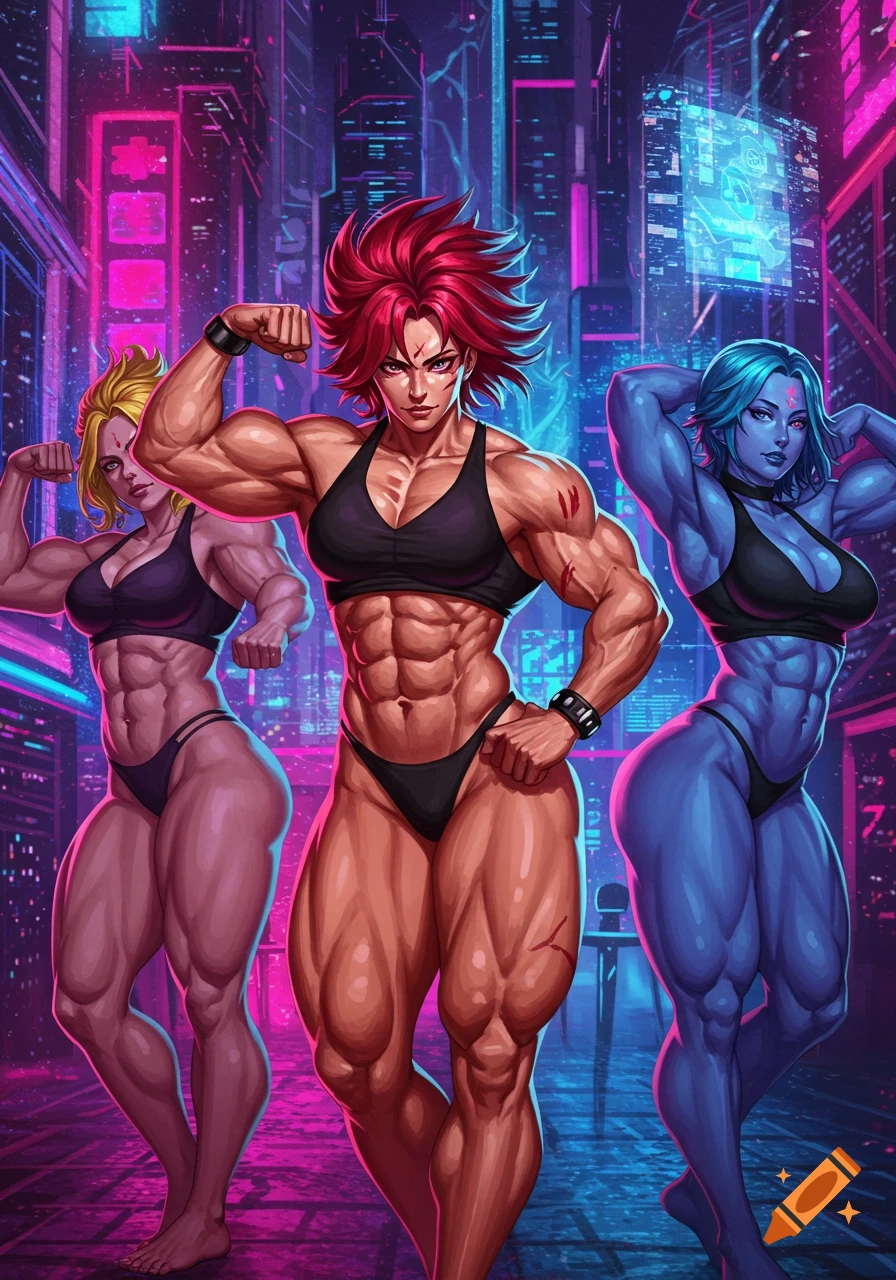 Three muscular anime women, one with red hair, one blonde, and one blue-skinned, flex in a vibrant neon cyberpunk city.