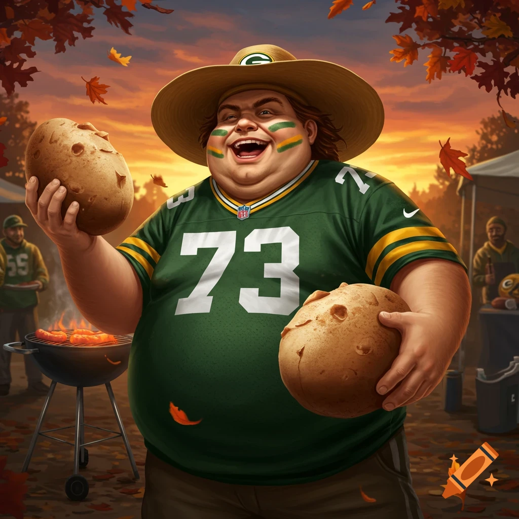 A jovial, large Green Bay Packers fan with face paint wears a hat and jersey number 73, laughing while holding two large potatoes at an autumn tailgate party. Digital art style.