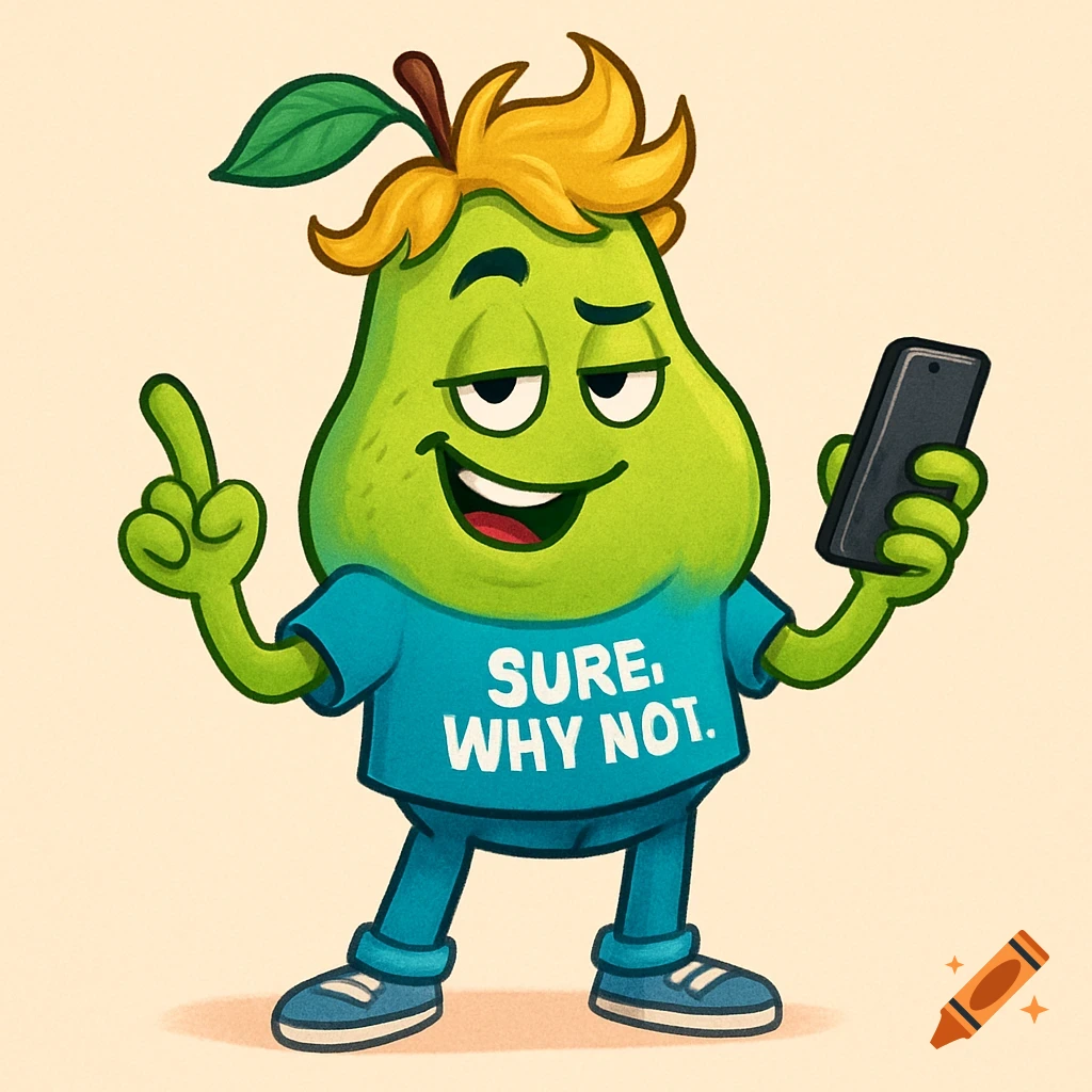 Cartoon pear character with blonde hair, blue shirt saying "SURE, WHY NOT.", blue pants, holding a smartphone, pointing up, smirking.