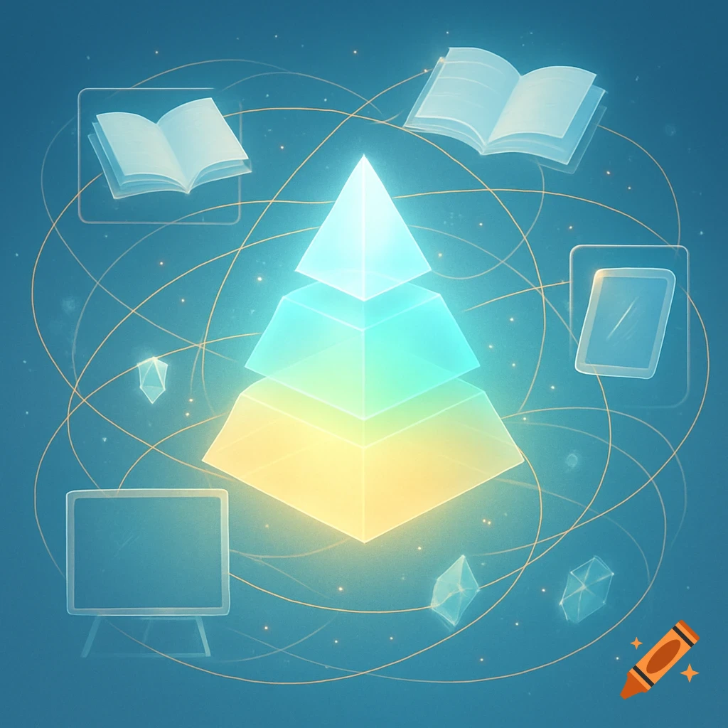 A glowing, tiered pyramid surrounded by interconnected icons like open books, a tablet, and a whiteboard on a blue background, depicting a conceptual model.