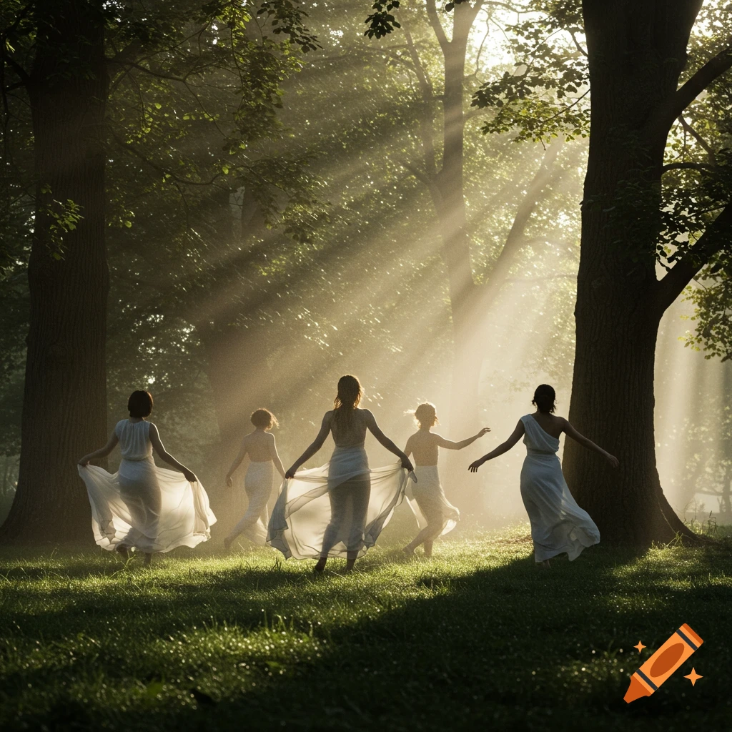 Four women in flowing white dresses dance gracefully in a mystical, sun-drenched forest with dappled light.