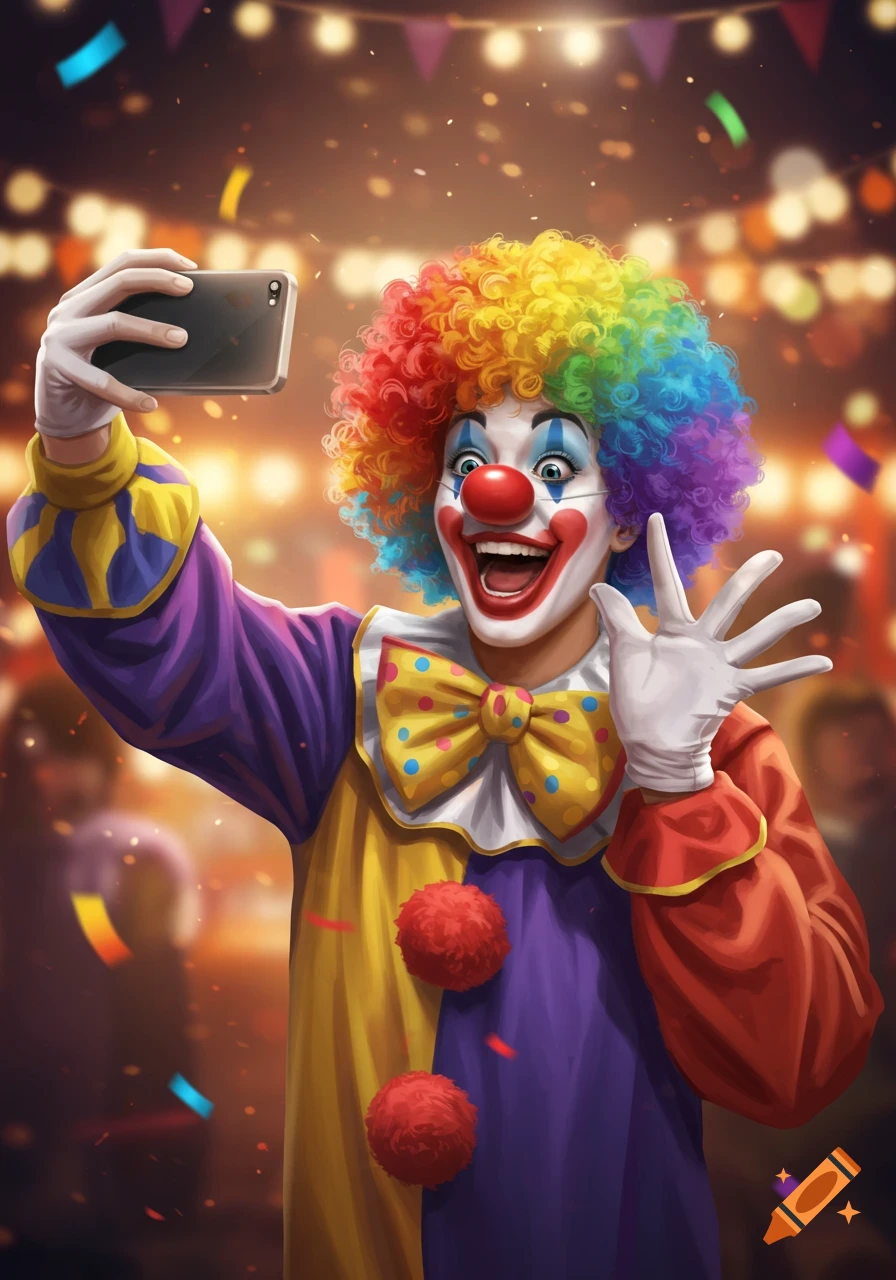 A cheerful clown with a rainbow wig and colorful costume smiles broadly while taking a selfie, waving at the camera as confetti falls around them at a party.