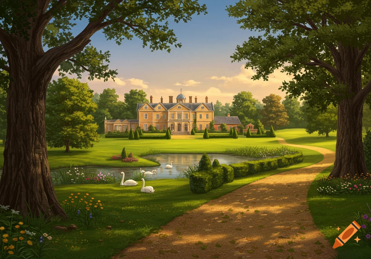 An illustrated view of an English country manor with a pond, swans, and a winding path through a lush green park under a sunny sky.