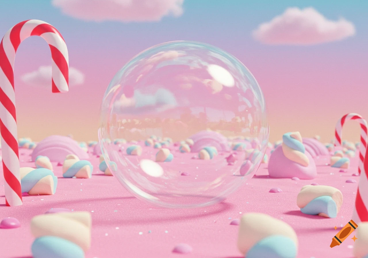 A whimsical candyland scene with a large transparent bubble, striped candy canes, and pastel marshmallows on a pink glittery ground under a pastel sky.