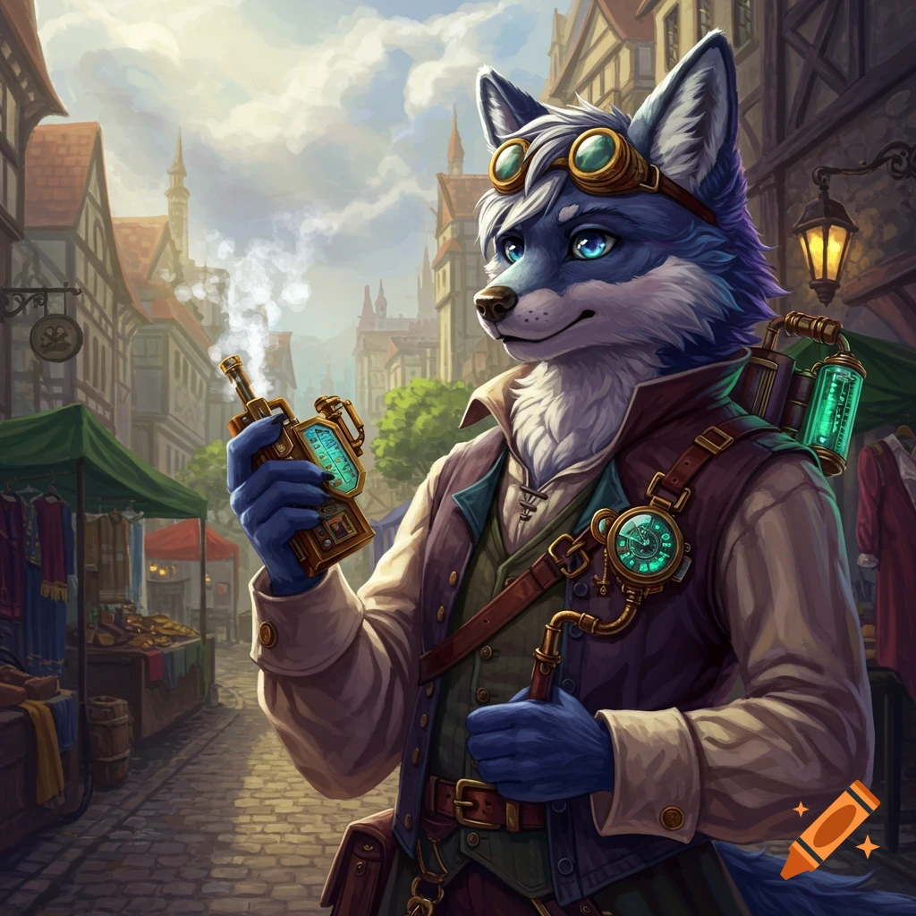 A blue and white furry wolf in steampunk attire, holding a smoking device, stands in a bustling market street.