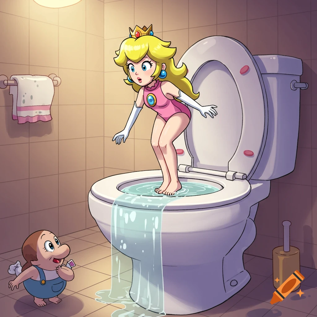 Cartoon Princess Peach in a pink swimsuit stands in an overflowing toilet, while a small character watches in a bathroom.