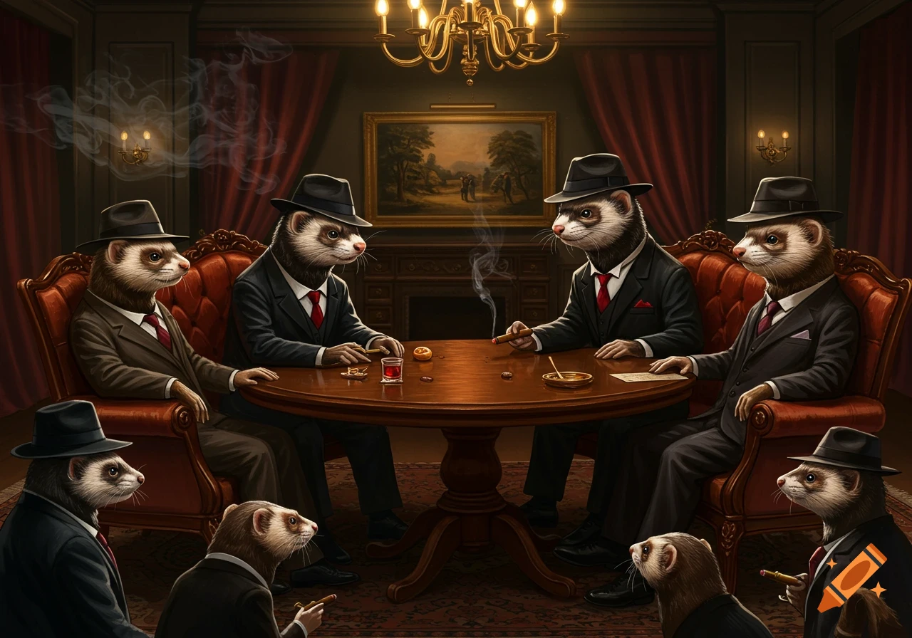 Anthropomorphic ferrets in fedoras and suits sit around a table in a dimly lit, lavish room, smoking cigars and drinking.
