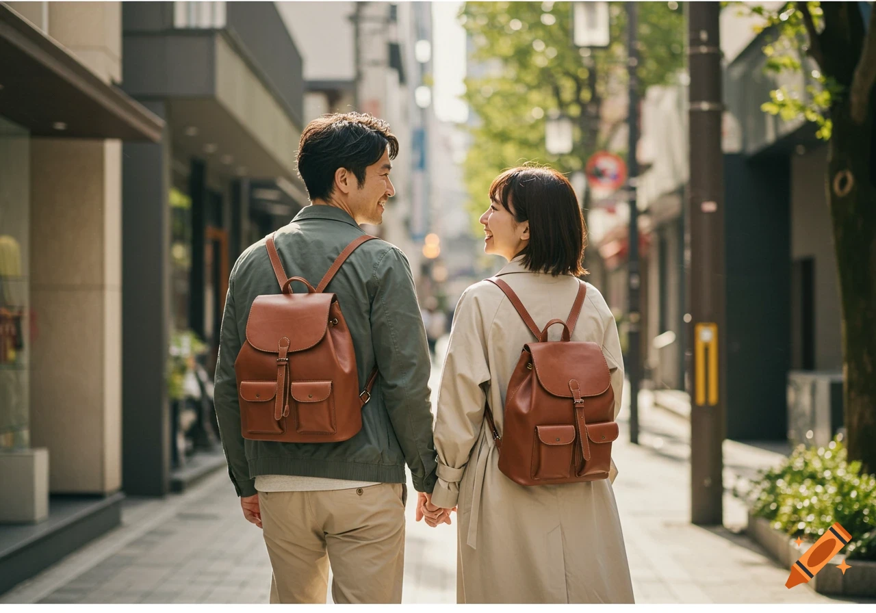 A man and a woman, both wearing brown leather backpacks, walk hand-in-hand down a sunny city street, looking back at each other with smiles.