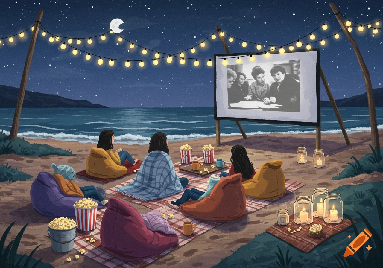 An illustration of an outdoor movie night on a beach, with people sitting on bean bags watching a film on a large screen under string lights and a starry sky.