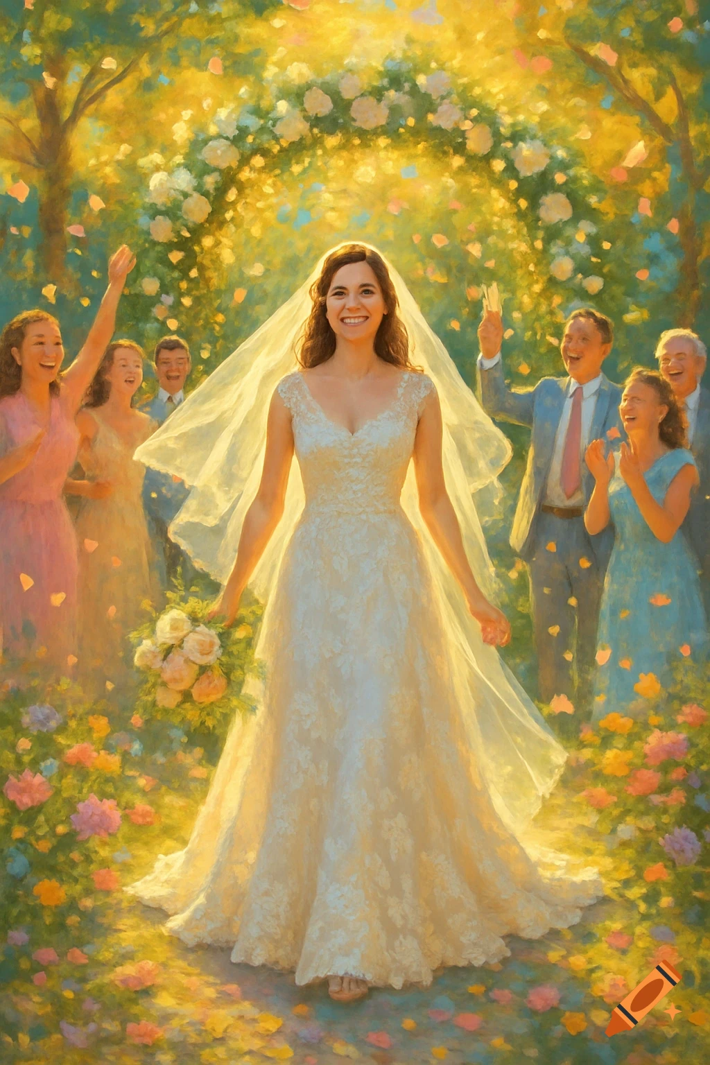 A smiling bride walks through a sunlit, flowery garden with a bouquet, surrounded by cheering guests in a painterly style.