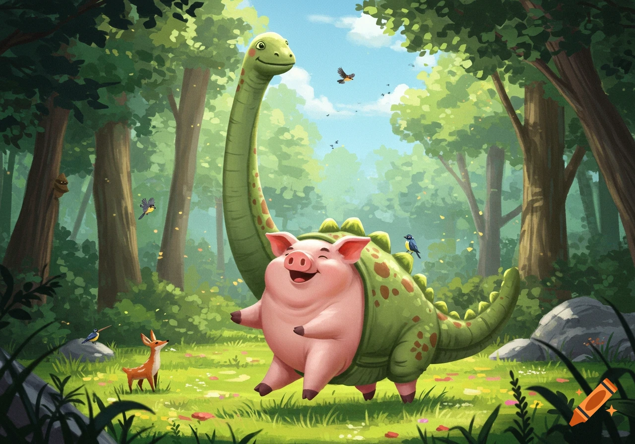 A happy, pink cartoon pig wears a green long-necked dinosaur costume in a vibrant forest, with small birds and a fawn nearby.