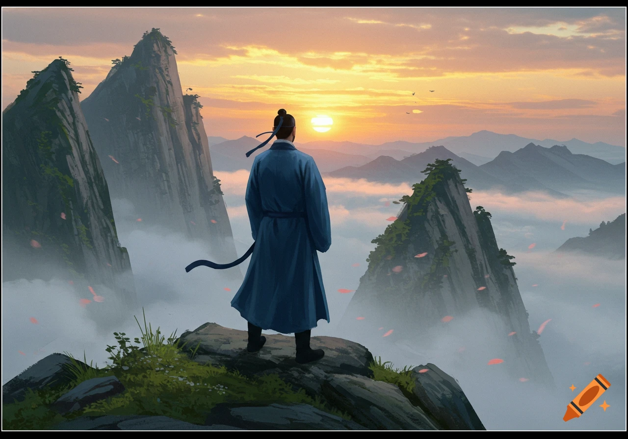 A person in a blue robe stands on a mountain peak at sunset, overlooking misty mountains with falling red petals.