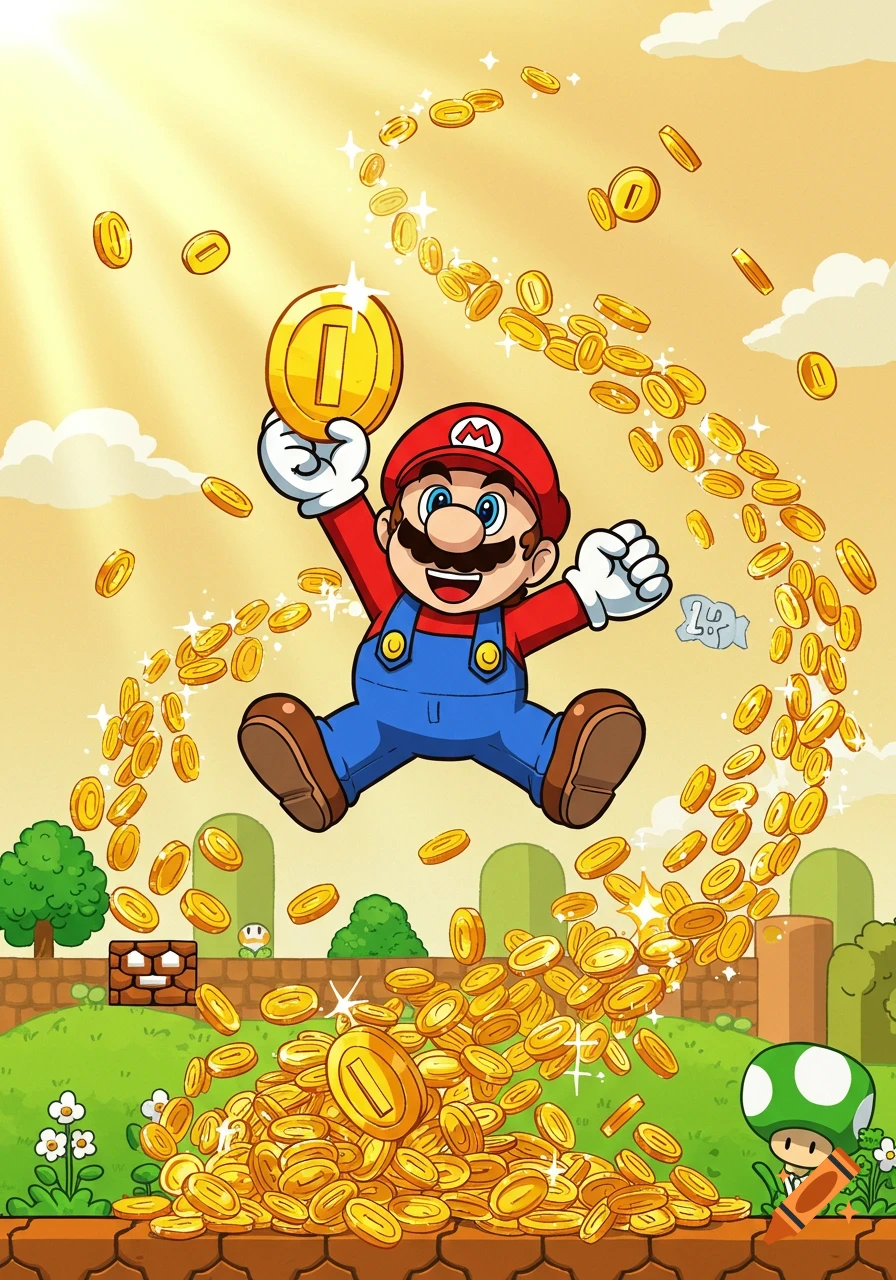 Cartoon Mario jumps with glee as golden coins rain down and pile up around him in a vibrant landscape.