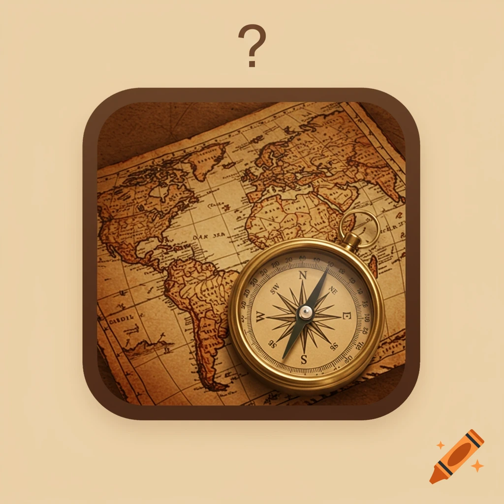 An antique world map with a brass compass on it, inside a brown rounded square, with a question mark above it on a beige background.