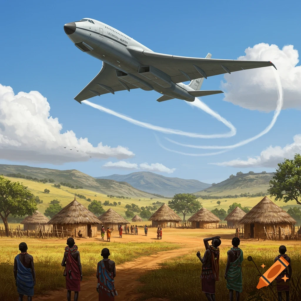 A large gray airplane flies over an African village with thatched huts and people looking up, against a blue sky with clouds and hills.
