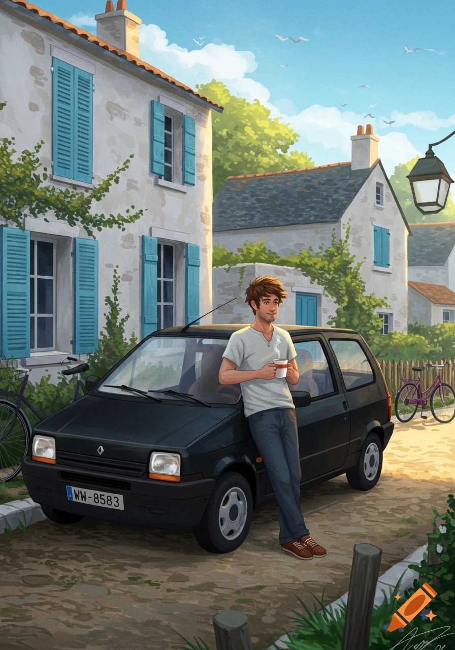 An illustrated man leans against a black vintage car on a sunny village street with quaint houses.