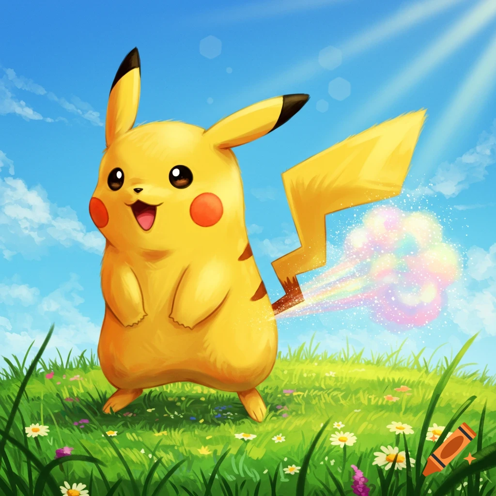 A cheerful, cartoon Pikachu stands in a sunny green field, farting a cloud of rainbow-colored gas.