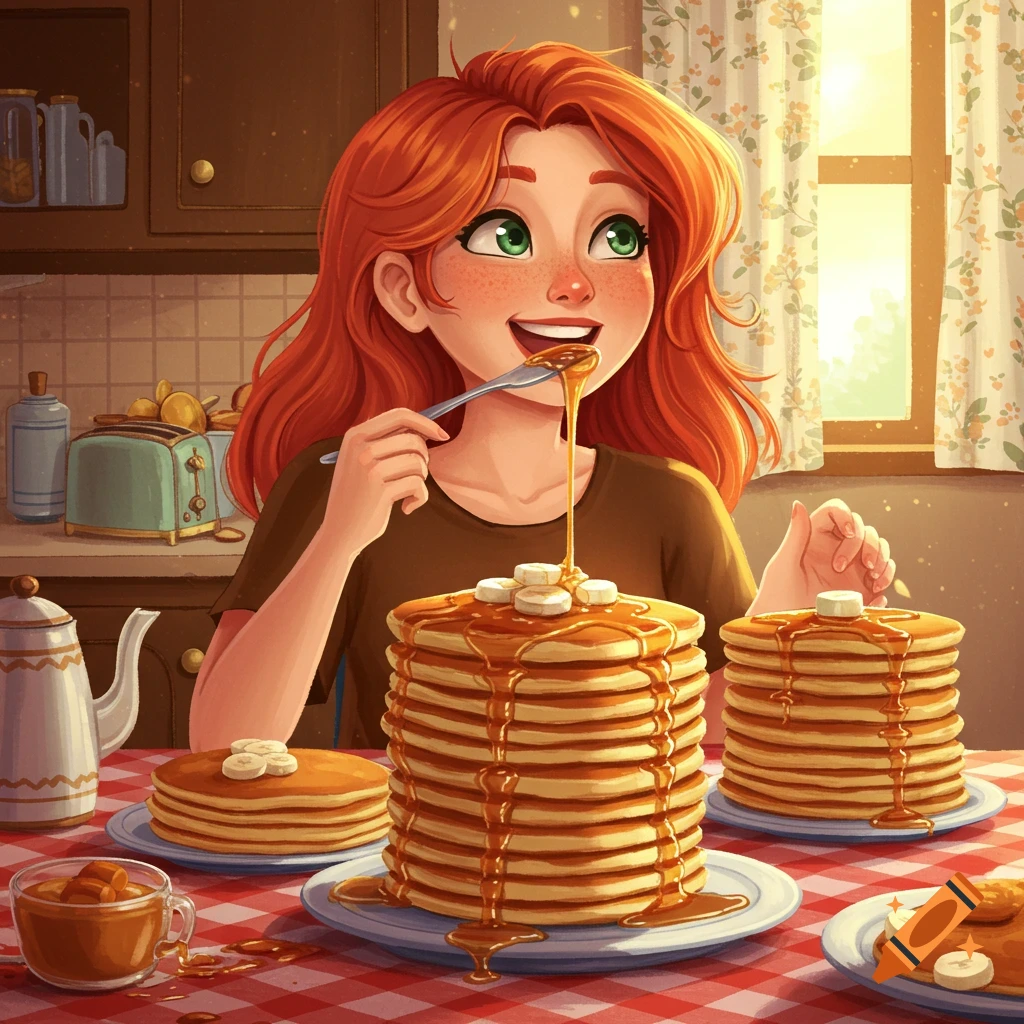 A red-haired woman with green eyes happily eats a giant stack of pancakes topped with bananas and syrup at a checkered table.