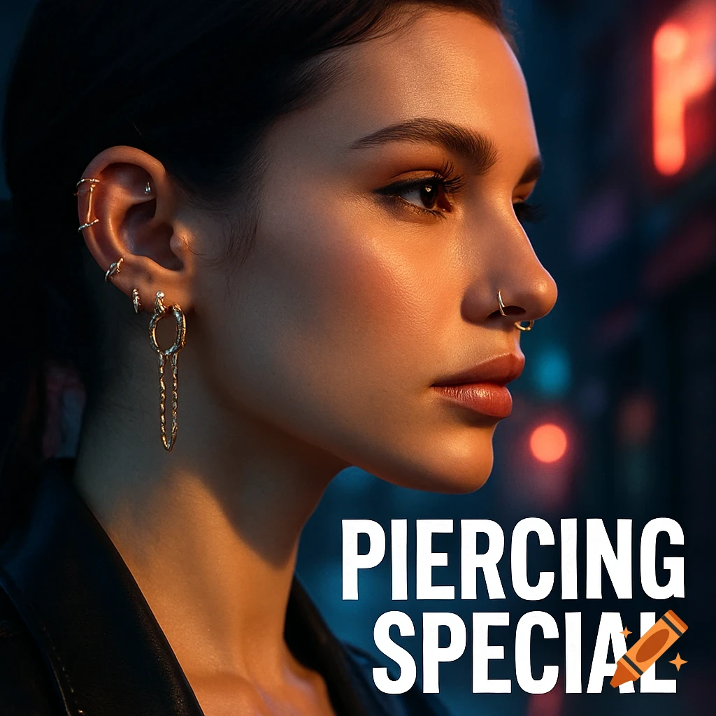 Close-up profile of a woman with multiple ear and nose piercings, featuring a decorative chained earring. Text overlay reads 'PIERCING SPECIAL'.