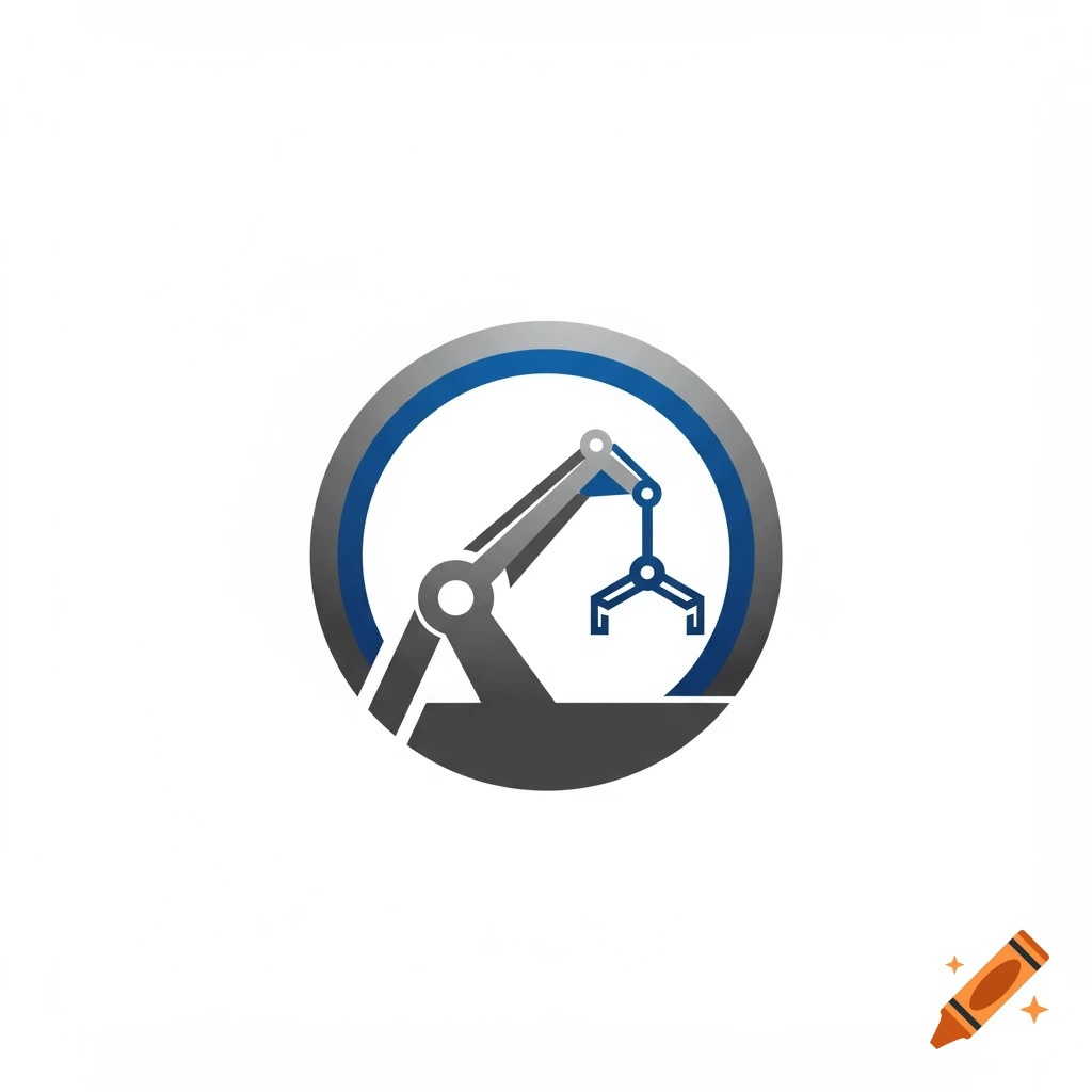 A stylized logo featuring a gray and blue robotic arm or crane reaching from within a circular frame.