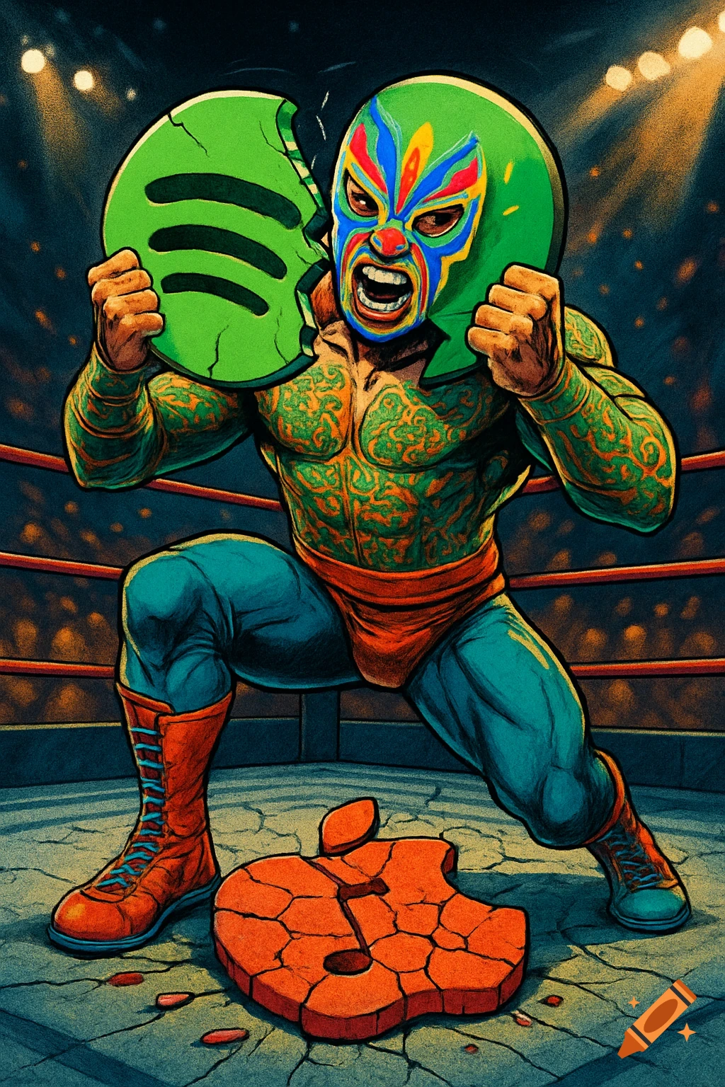 A green-masked luchador crushes a Spotify logo while standing over a shattered Apple logo in a wrestling ring, in a comic book style.