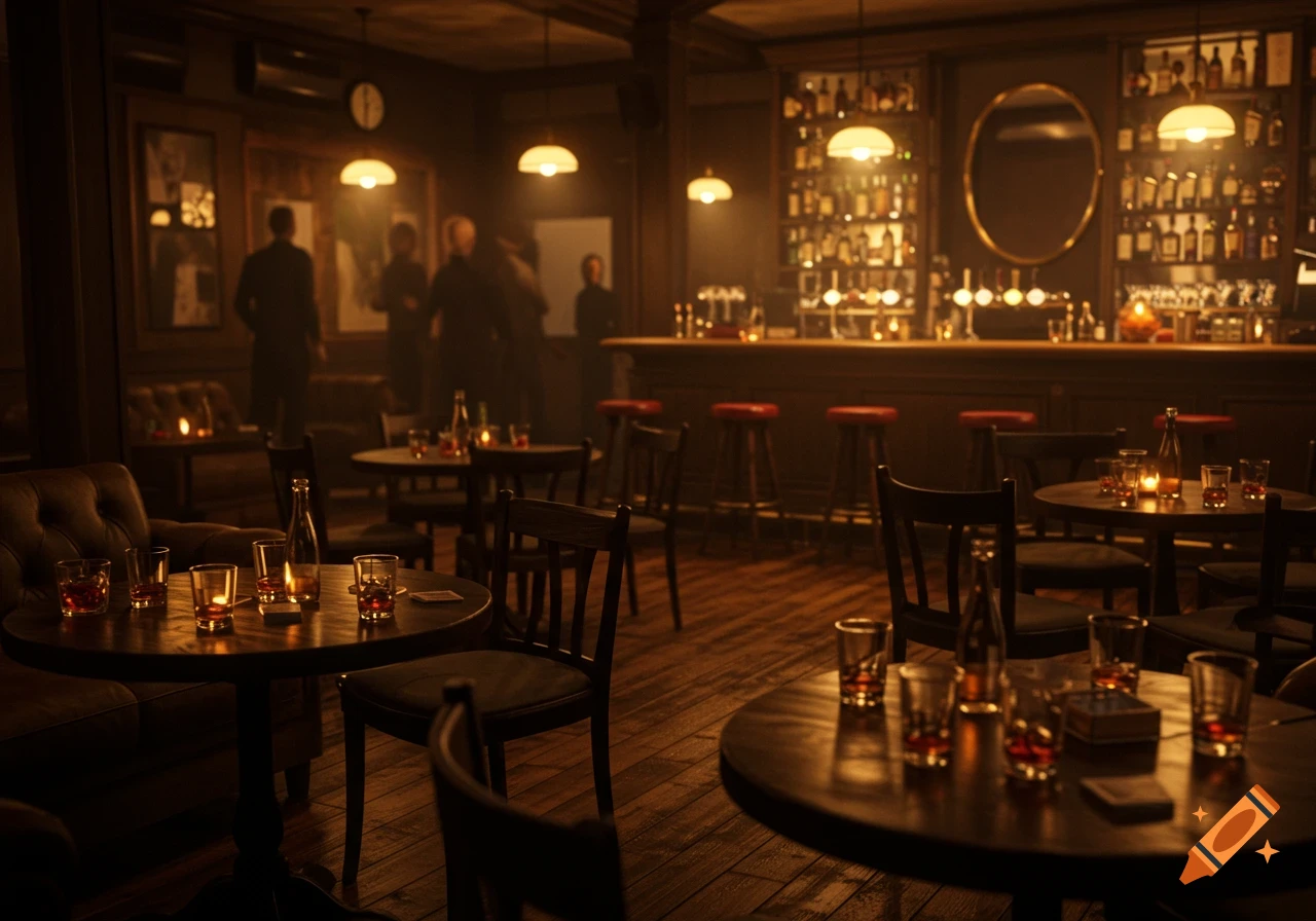 A dimly lit, cozy bar interior with dark wooden tables, glasses of drinks, and blurred patrons in the background.