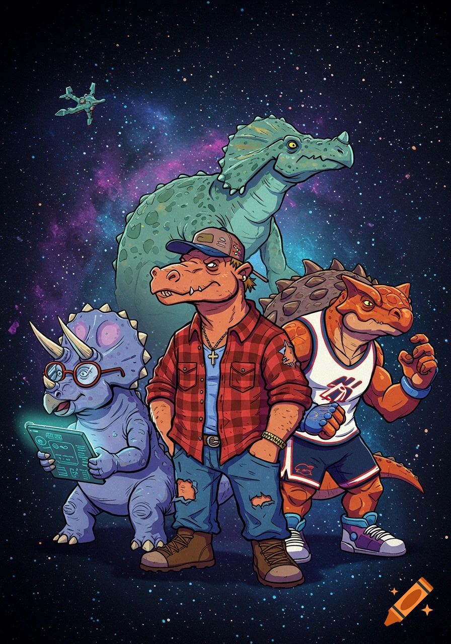 Cartoon space dinosaurs: a redneck Stegosaurus, a nerdy Triceratops with a tablet, and a sporty Ankylosaurus in a starry universe.
