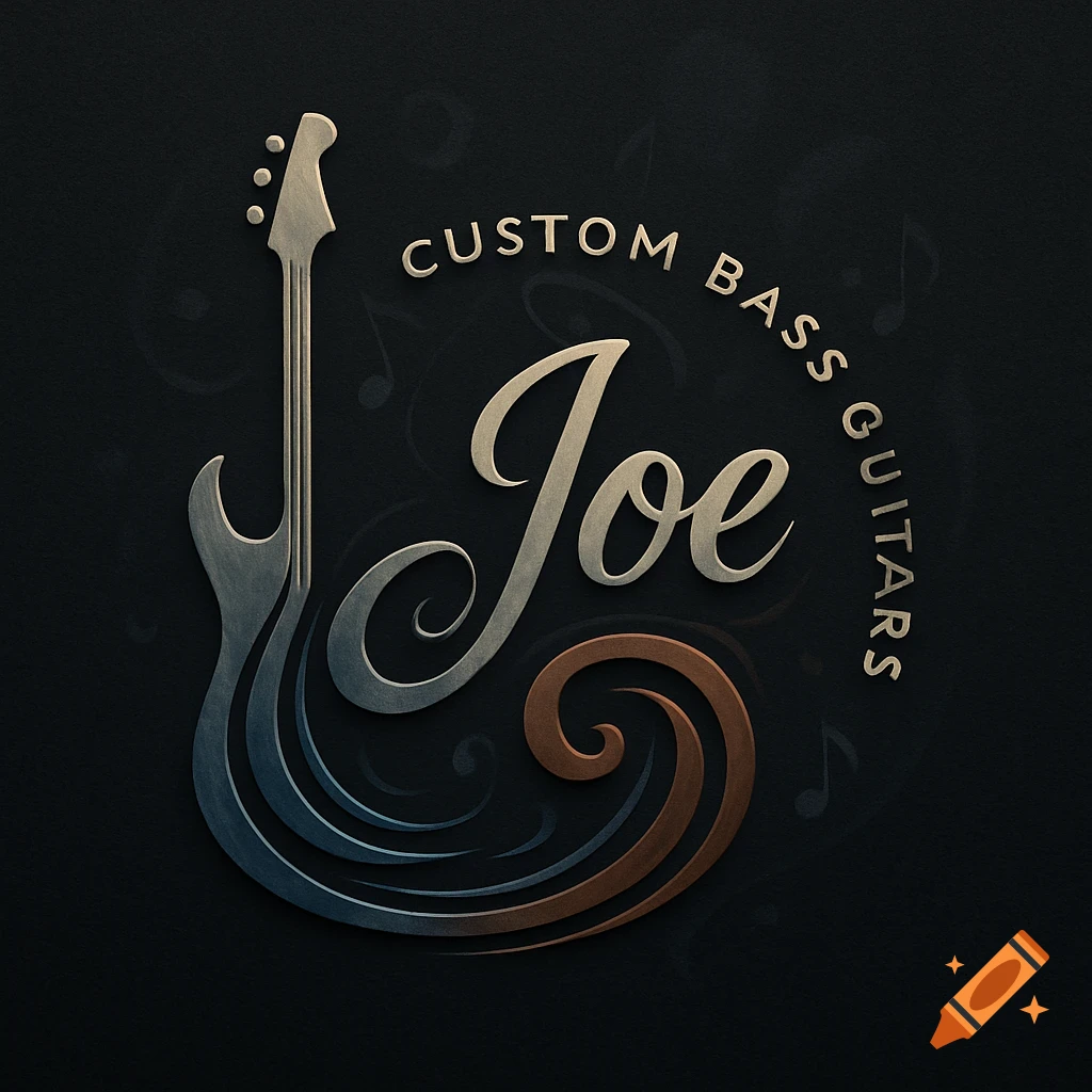 Stylized logo for 'Custom Bass Guitars Joe' featuring a metallic bass guitar merged with flowing designs and musical notes on a dark background.