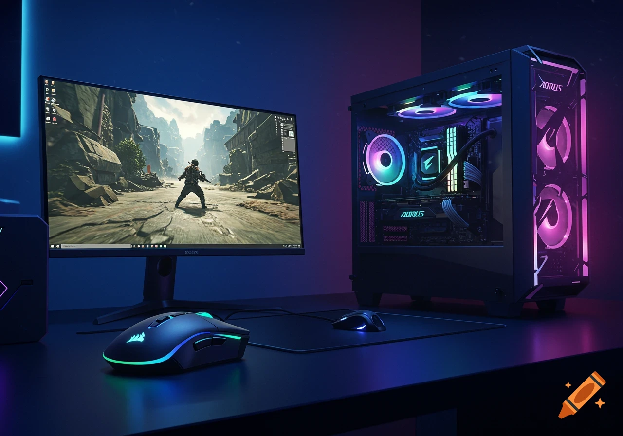 A gaming setup with a monitor displaying a game, an RGB-lit PC, and a Corsair gaming mouse on a desk.