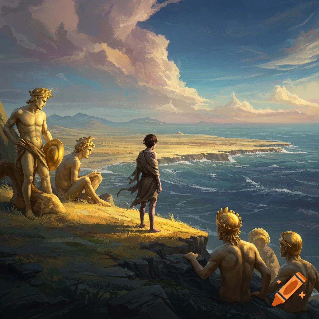 A classical painting showing golden statue-like figures and a lone human on a cliff overlooking a vast ocean under a dramatic, cloudy sky.