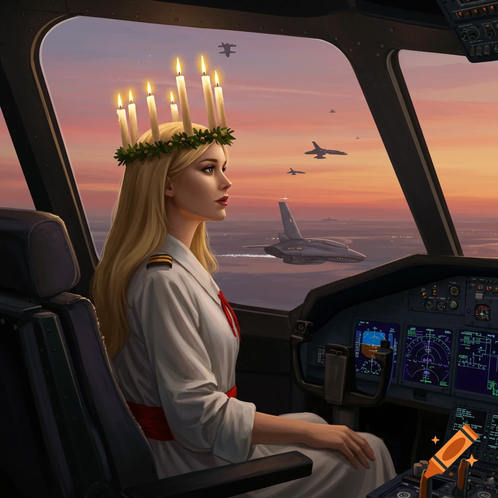 A blonde woman with a candle wreath on her head, dressed as St. Lucia, pilots an airplane, looking out at fighter jets during sunset.